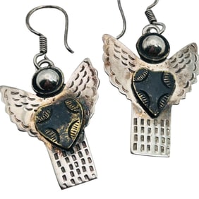 Signed US, Mexico Sterling Angel Dangle Earrings 9.6 G
