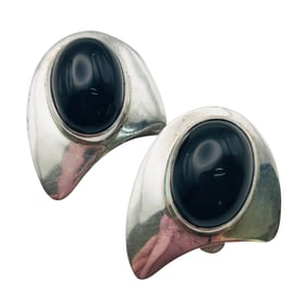 Taxco T 579 Mexico Oval ONYX Clip On Earrings 16.43 G