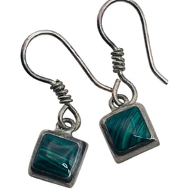 MALACHITE Sterling Mexico  Square Dangle Earrings 4.95 G