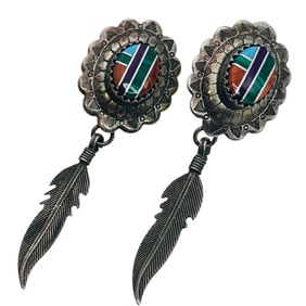 Navajo Multi Gem Sterling Feather Dangle Earrings 5.74 G