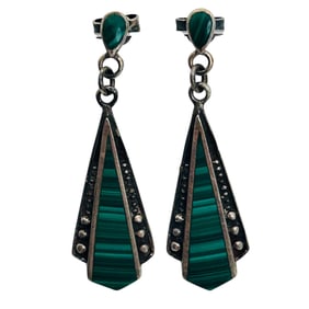 Southwest Malachite Sterling Dangle Earrings 3.79 G