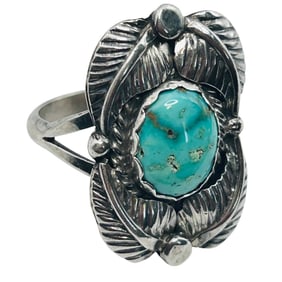 Navajo Signed M Turquoise Sterling Ring Size 7, 4.62 G