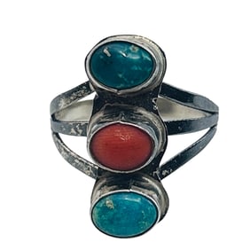 Navajo Triple Stone Turquoise Coral Sterling Ring Size 6, 3.15 G