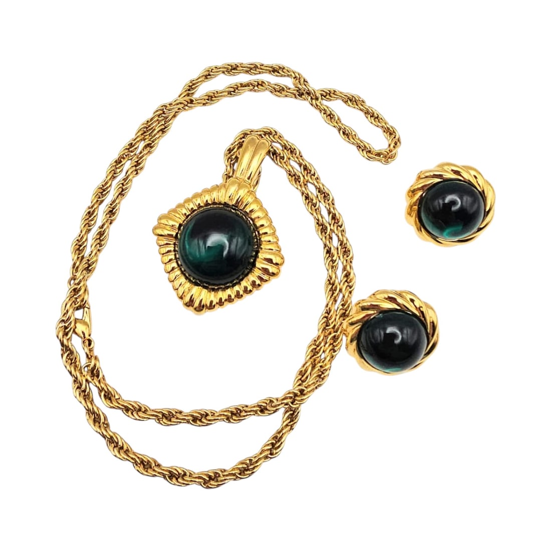 Kenneth J Lane Green Center Gold Tone Necklace Earrings Set