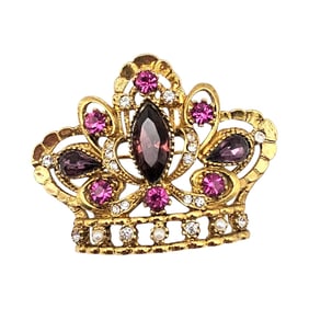 ART Purple Pink Rhinestone Faux Pearl Gold Tone Crown Brooch