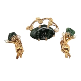 Kramer Faux Pearl Agate Gold Tone Brooch Earrings Set
