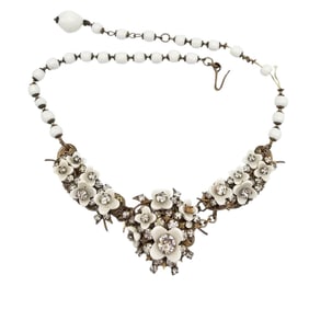 Miriam Haskell Vintage White Rhinestone Floral Gold Tone Necklace