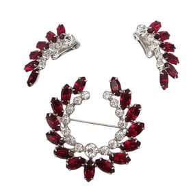 B David Red Clear Rhinestone Wreath Brooch Earrings Set