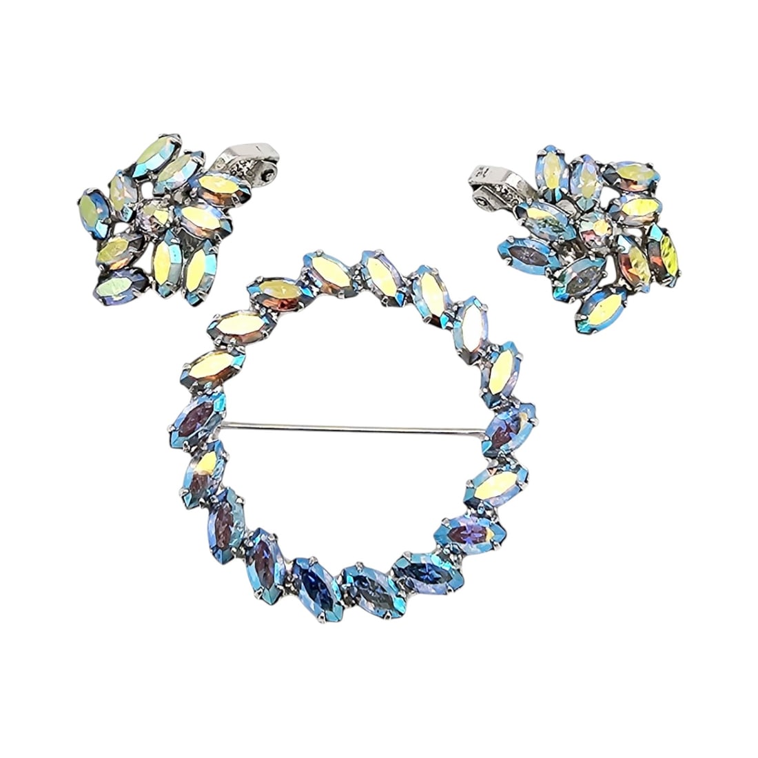B David Iridescent Rhinestone Wreath Brooch Earrings Set: B David Iridescent Rhinestone Wreath Brooch Earrings Set