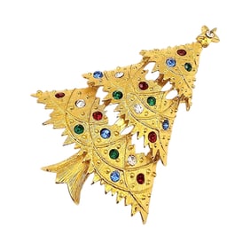 Eisenberg Ice Rhinestone Gold Tone Christmas Tree Brooch