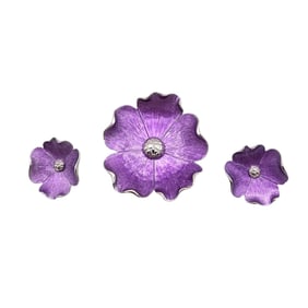 Kramer Vintage Purple Enamel Silver Tone Open Flower Brooch Earrings Set