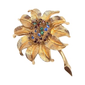 Judy Lee Rhinestone Brushed Gold Tone Flower Brooch