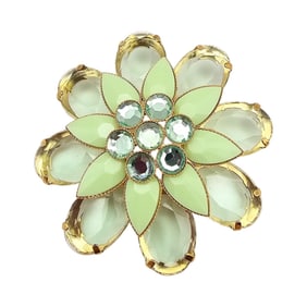 Vintage Spring Green Rhinestone Gold Tone Layered Raised Flower Brooch