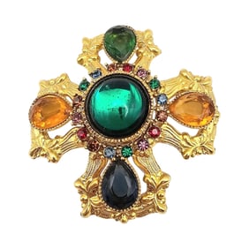 Vintage Oversized Colorful Rhinestone Gold Tone Ornate Brooch