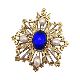Vintage Large Blue Center Faux Pearl Gold Tone Layered Brooch