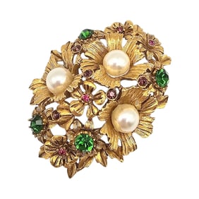 Florenza Vintage Faux Pearl Rhinestone Gold Tone Raised Flower Cluster Brooch