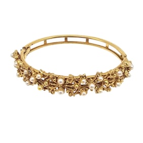 Florenza Vintage Faux Pearl Gold Tone Hinged Bangle Bracelet