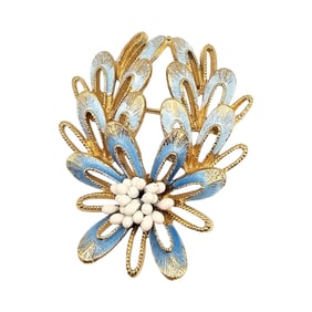 Florenza Vintage Blue Enamel Gold Tone Floral Brooch