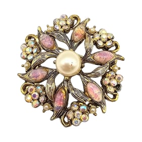 Hollycraft Rhinestone Faux Pearl Foiled Glass Gold Tone Flower Brooch