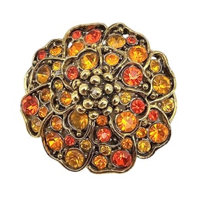 Hollycraft Orange Rhinestone Gold Tone Flower Brooch