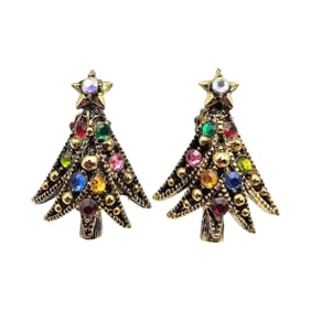 Hollycraft Colorful Rhinestone Gold Tone Christmas Tree Earrings