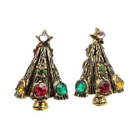 Hollycraft Bright Rhinestone Gold Tone Christmas Tree Earrings