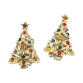 Vintage Multi Color Rhinestone Gold Tone Christmas Tree Earrings