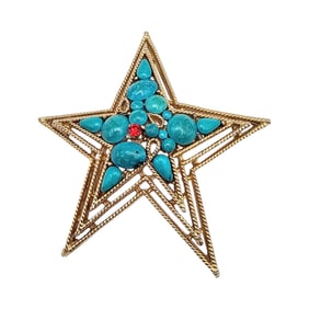 Capri Vintage Faux Turquoise Rhinestone Gold Tone Star Brooch