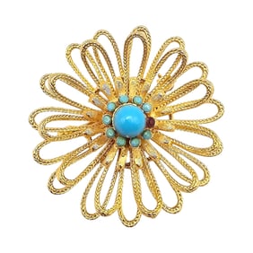 Capri Faux Turquoise Gold Tone Layered Flower Brooch