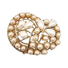 BSK Faux Pearl Gold Tone Paisley Brooch