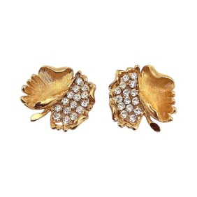 BSK Rhinestone Gold Tone Curled Leaf Earrings