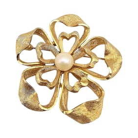 BSK Faux Pearl Brushed Gold Tone Flower Brooch