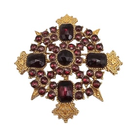 ART Red Rhinestone Gold Tone Brooch