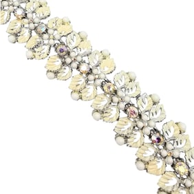 ART Aurora Borealis Rhinestone White Enamel Floral Link Bracelet
