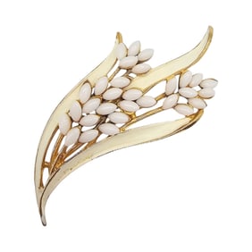 ART Milk Glass White Enamel Gold Tone Floral Spray Brooch