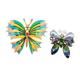 Vintage Lot 2 Rhinestone Enamel Butterfly Brooches