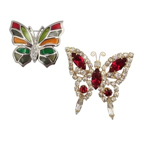 Vintage Lot 2 Rhinestone Stained Glass Style Butterfly Brooches