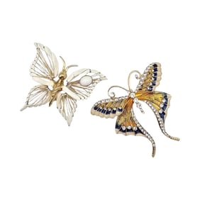 Vintage Lot 2 Enamel Gold Tone Brooches