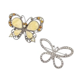 Lot 2 Rhinestone Enamel Silver Tone Butterfly Brooches