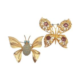 Lot 2 Rhinestone Gold Tone Butterfly Brooches