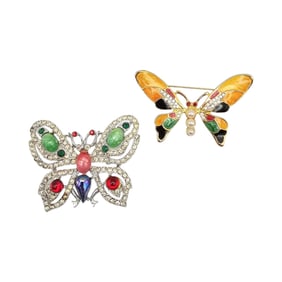 Vintage Lot 2 Vibrant Rhinestone Enamel Butterfly Brooches