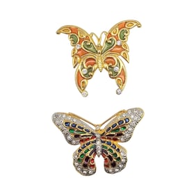 Vintage Lot 2 Rhinestone Gold Tone Butterfly Brooches