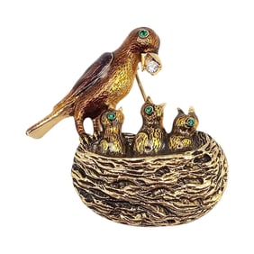 Vintage Enamel Rhinestone Bird W Babies In Nest Brooch