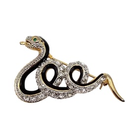 Vintage Rhinestone Enamel Gold Tone Snake Brooch