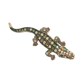 Green Rhinestone Gold Tone Alligator Brooch