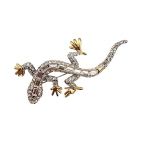 Clear Rhinestone Gold Tone Lizard Brooch