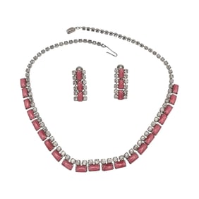 Vintage Lot Pink Clear Rhinestone Choker Necklace Earrings Set
