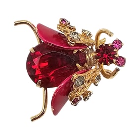 Vintage Red Rhinestone Enamel Gold Tone Bug Brooch