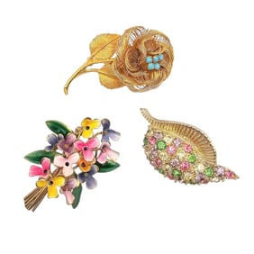 Vintage Lot 3 Enamel Rhinestone Brooches