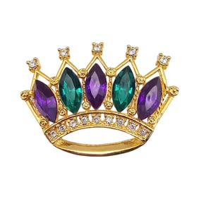 Green Purple Gold Tone Crown Brooch